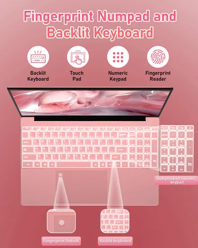 Miniatura 4 de Laptop Estudiantil FHD de 15.6" Rosa, 16GB DDR4 RAM 512GB PCIe SSD, Computadora Portátil con Teclado Retroiluminado, Apertura de 180°, Lector