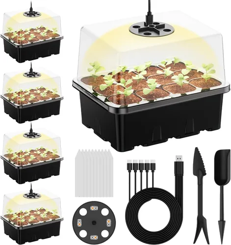 Bandeja de inicio de semillas con luz de crecimiento, paquete de 5 60 celdas kit de inicio de semillas con cúpula de humedad y base, bandejas de