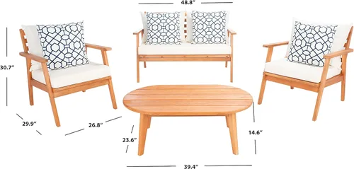Miniatura 5 de SAFAVIEH Deacon - Juego de conversación de 4 piezas para exteriores, marrón y beige, madera maciza, diseño costero de listones con cojines, ideal