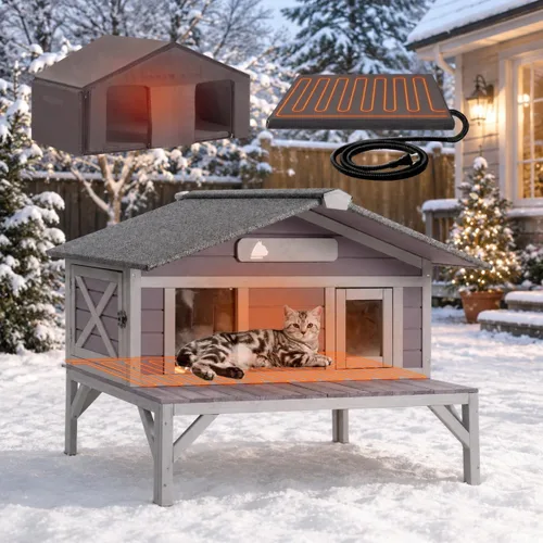 Miniatura 10 de GUTINNEEN Casa climatizada para gatos para exteriores, casa para gatos al aire libre aislada con manta de calefacción eléctrica, cables resistentes