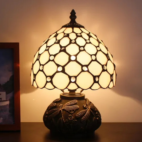 Miniatura 2 de Lámpara Tiffany Pequeña Mini Lámpara de Mesa de Vidrio Teñido Perlas Crema Estilo Seta Luz de Escritorio Lámpara de Memoria Simpatía 8X11 Pulgadas