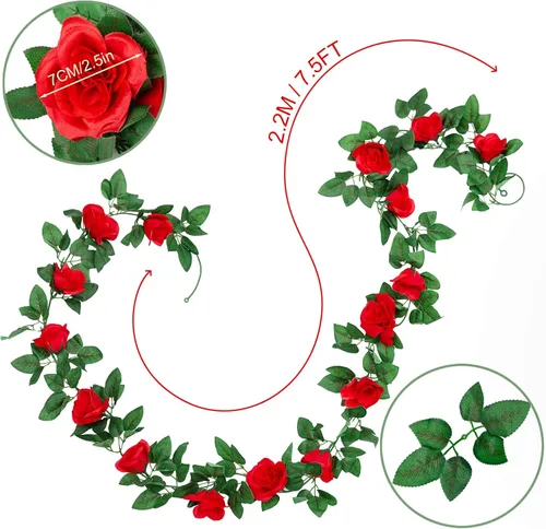 Miniatura 3 de Guirnalda de flores artificiales, 2 unidades de 15 pies (7.5 pies x 2 piezas) de seda roja, flores falsas de vid falsa para colgar hiedra, hogar