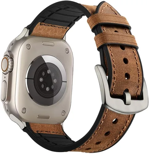 Miniatura 14 de OUHENG Correas de cuero compatibles con Apple Watch de 42mm 41mm 40mm 38mm, correa híbrida de cuero genuino y goma para iWatch Series 11 10 9 8 7 6