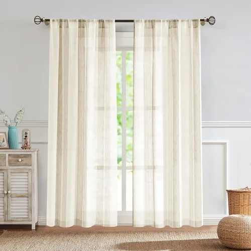 Miniatura 12 de Central Park Cortinas Transparentes de Rayas Beige y Blancas Estilo Granja de Lino Bouclé, Pares de Paneles de Cortina de Ventana Tejidos con Hilo