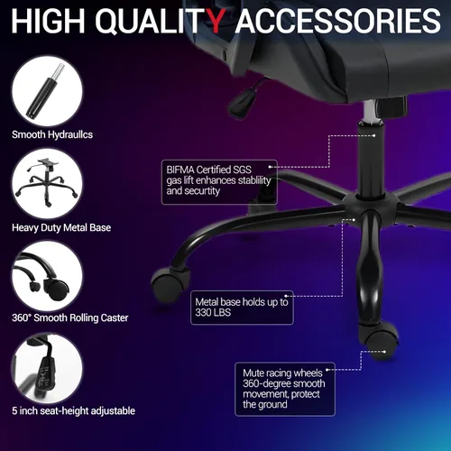 Miniatura 8 de Silla de masaje para juegos, silla ergonómica de escritorio para PC con reposacabezas y soporte lumbar de masaje, silla de videojuegos con respaldo