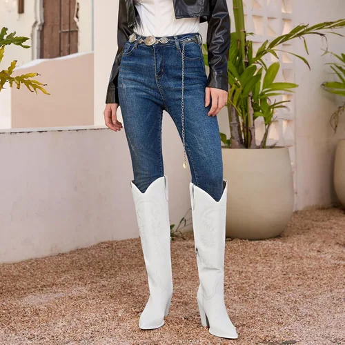 Miniatura 5 de ISNOM Botas vaqueras para mujer, botas altas hasta la rodilla, botas vaqueras bordadas con tacón grueso de bloque y puntera puntiaguda