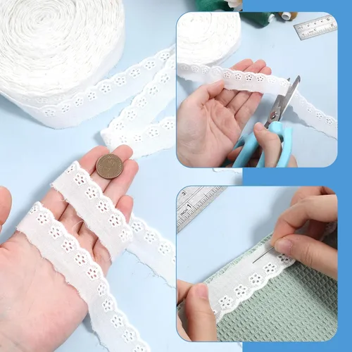 Miniatura 3 de 15 yardas de algodón con ribete de encaje blanco con ojales de cinta de encaje bordado floral cordones de ganchillo para costura de tela decorativa