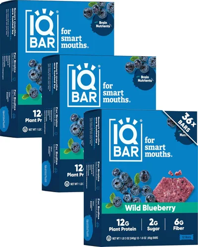 IQBAR - Barras de proteínas para el cerebro y el cuerpo a base de plantas - Arándanos silvestres - 36 unidades - Keto, veganas, bajas en