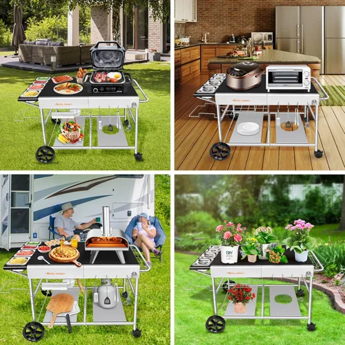 Miniatura 3 de Mesa de Horno de Pizza con Estación de Adiciones, Carro de Horno de Pizza al Aire Libre, Mesa de Parrilla para Exterior, Carro de Parrilla, Carro