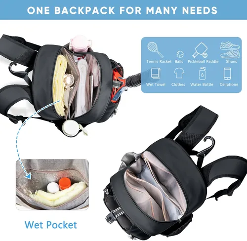 Miniatura 5 de Mochila de Tenis con Soporte para 2 Raquetas, Bolsa de Raqueta de Tenis de Cuero PU Resistente al Agua para Mujeres y Hombres, Mochila Deportiva