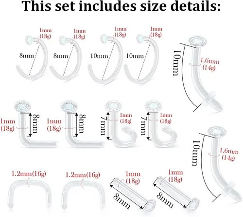 Miniatura 2 de Juego de 14 retenedores de cristal para el trabajo, deportes, cirugía, hipoalergénico, estilo mixto, anillos transparentes para labios, nariz