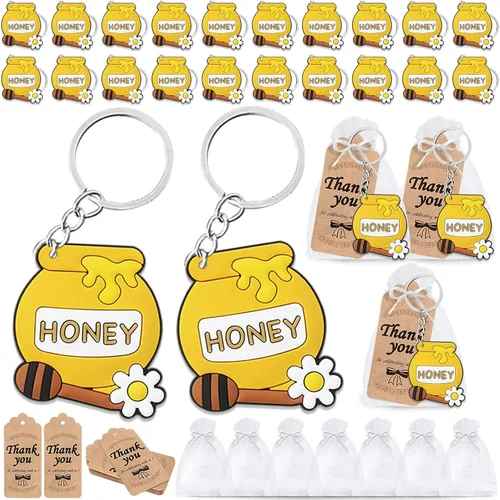CiciBear Paquete de 60 decoraciones de fiesta de abejas – 20 llaveros, etiquetas y bolsas de regalo para baby showers, cumpleaños de niños y fiestas