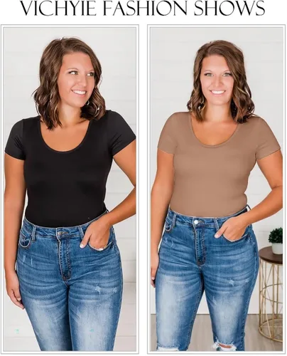 Miniatura 6 de VICHYIE Camisas de verano para mujer, cuello redondo, manga corta, acanaladas, ajustadas, casuales, básicas