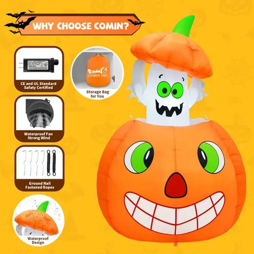 Miniatura 6 de COMIN Inflables de Halloween de 5 pies con fantasmas animados de calabaza para exteriores, decoración de patio inflable con LED integrados