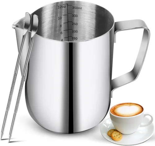 Miniatura 7 de Jarras para espumar leche - 350 ml / 12 oz de acero inoxidable, jarras de vapor para café/leche/capuchino/arte de café con leche, jarra de leche