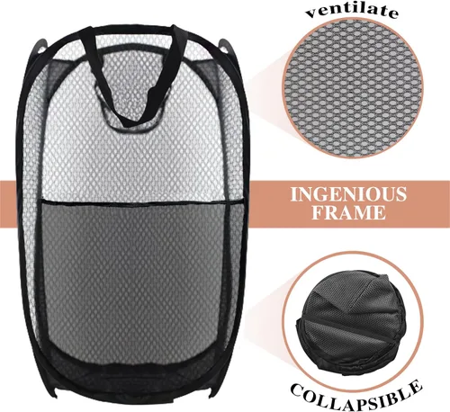Miniatura 4 de Cesto de Ropa Plegable Pop Up, Cesta de Ropa de Malla Plegable Extra Grande, 28" x 16" x 16" (Negro)
