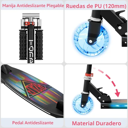 Miniatura 7 de TONBUX Patinetes para niños de 5 a 12 años, patinetes de 2 ruedas con tallo, ruedas y plataforma con luces geniales, patinete ajustable de 3 Negro