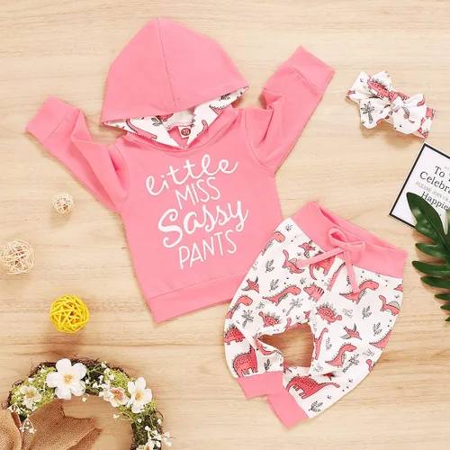 Miniatura 4 de Conjunto de ropa para bebé niña de 3 piezas, manga larga, sudadera con capucha, camisa, pantalones de dinosaurio, diadema