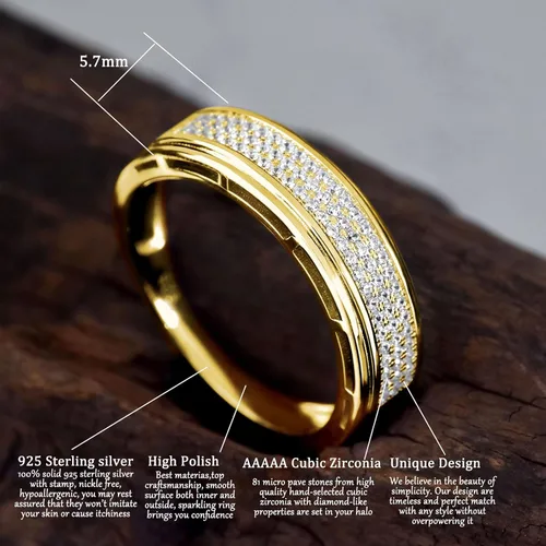 Miniatura 3 de Anillos de boda para hombres, anillos de plata de ley 925, hip hop, aniversario, alianza de boda, regalos para hombres, chapado en oro, 1 unidad