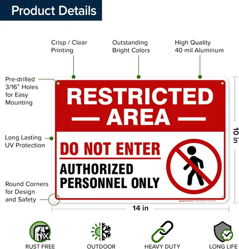 Miniatura 6 de Cartel de área restringida "Restricted Area Do Not Enter Authorized Personnel Only" [Texto en inglés], de aluminio, anti-óxido, de 10x14 pulgadas