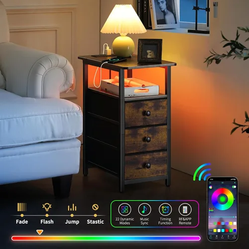 Miniatura 4 de Yoobure Mesa Auxiliar con Estación de Carga, Mesa Auxiliar Estrecha LED para Cama, Mesa Nocturna Pequeña para Sala de Estar, Mesita de Noche delgada