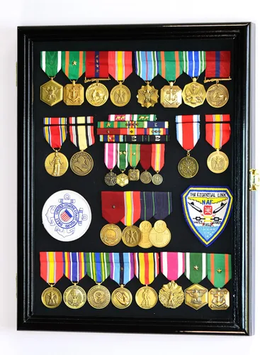 Medallas militares, alfileres, insignias, parches, insignias, cintas, vitrina de bandera Shadowbox fondo fijable - con cerradura