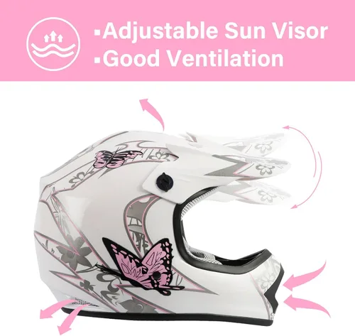 Miniatura 2 de Casco XFMT para niños y jóvenes de motocross, todoterreno, calle, bicicleta de cross, guantes, anteojos, casco MX ATV mariposa rosada, talla L