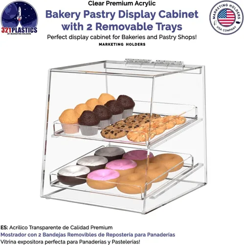 Miniatura 2 de Marketing Holders Cubo de exhibición de pastelería con puerta de 10.25 x 11.5 x 11 pulgadas para productos horneados con 2 bandejas extraíbles