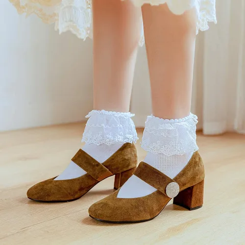 Miniatura 6 de SRYL Women Ruffle Pearls Ankle Socks Lace Frilly Socks, Cute Cotton Socks Ladies Girl Princess Lace Socks
