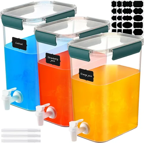 Miniatura 9 de Mumufy Juego de 3 dispensadores de bebidas de plástico para fiestas, dispensador de bebidas para refrigerador con espita recipiente de limonada