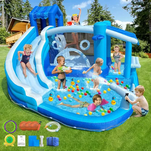 Tobogán acuático inflable para niños, tobogán acuático de tela Oxford resistente con piscina y soplador de 550 W, combo de casa de rebote al aire