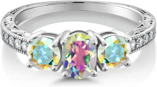 Miniatura 49 de Gem Stone King Anillo de compromiso de 3 piedras preciosas de oro blanco de 10 quilates con piedra natal y diamantes cultivados en laboratorio