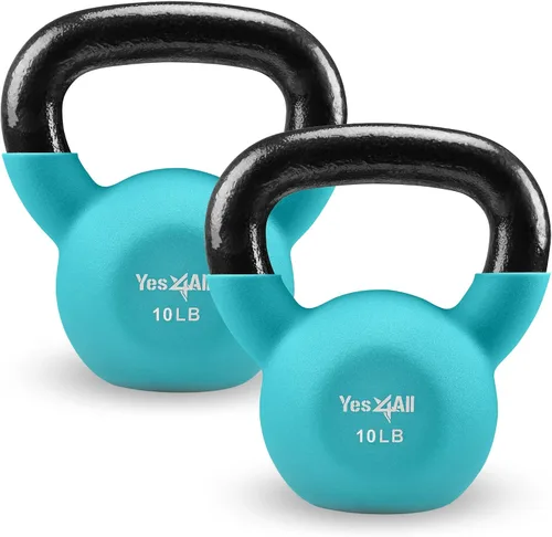 Miniatura 25 de Yes4All Pesas rusas, pesas rusas de hierro fundido recubiertas de neopreno de 5-65 LB, asa de agarre ancho y fondo plano para balanceos, B. 10
