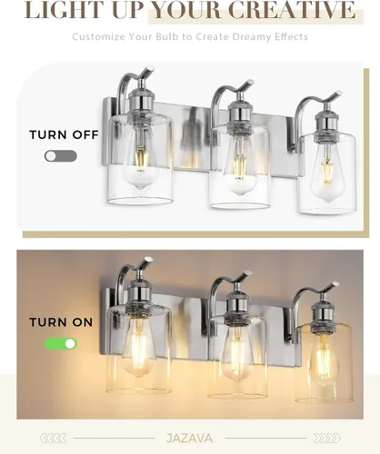 Miniatura 7 de Lámpara de tocador de baño de 3 luces, aplique de pared de níquel cepillado, lámpara de baño moderna con vidrio transparente, VL01BN-3 Níquel