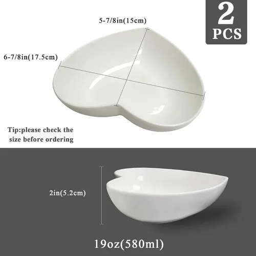 Miniatura 2 de Juego de 2 platos de ensalada profundos en forma de corazón de porcelana, cuencos de corazón de 7 pulgadas para servir postre/aperitivo/fruta, 19