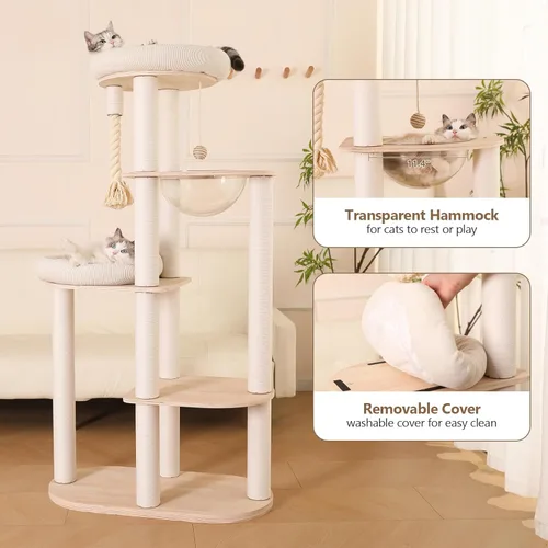 Miniatura 3 de Árbol moderno para gatos de 59 pulgadas, torre grande de varios niveles, árbol de madera resistente para gatos con hamaca, poste rascador de algodón