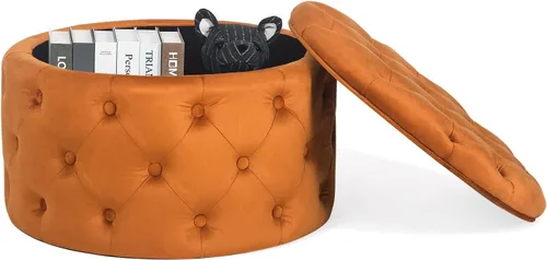 Miniatura 11 de Homebeez Otomana redonda de terciopelo de 24.8 pulgadas, reposapiés con botones copetudos, mesa de centro para sala de estar, color negro
