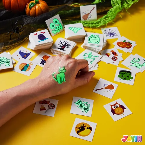 Miniatura 5 de JOYIN 306 tatuajes de Halloween para niños, tatuajes temporales brillantes en varios diseños a granel para niños, regalos de dulce o truco