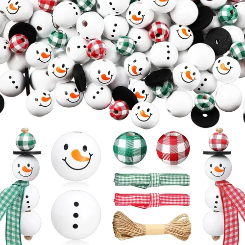 Miniatura 9 de 180 cuentas de madera de muñeco de nieve de Navidad, cuentas de madera de invierno, cuentas redondas de madera de búfalo de Navidad, cuentas