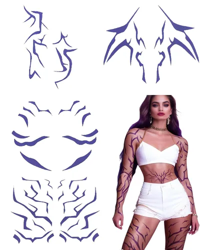7 hojas de tatuajes temporales de anime de película, color morado, calcomanías de tatuajes de Halloween, cosplay, tatuajes, bailes, cosplay,
