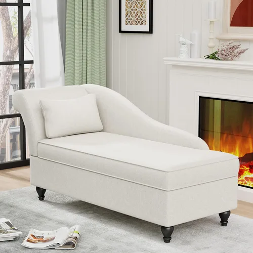 Tumbona de almacenamiento para interiores, sillón tapizado de lino con almacenamiento para dormitorio, sala de estar, oficina, tela beige