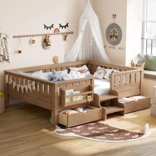 Miniatura 13 de Bellemave Cama Montessori de tamaño Queen con 2 cajones y estantería, camas de suelo para niños con barandillas de seguridad y escaleras, marco