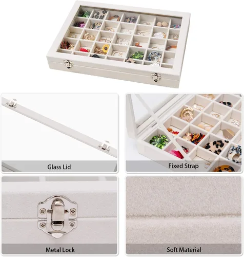 Miniatura 3 de Mebbay Organizador de bandeja de joyería de terciopelo de 35 rejillas con tapa transparente para cajón aretes collar pulsera anillo piedras