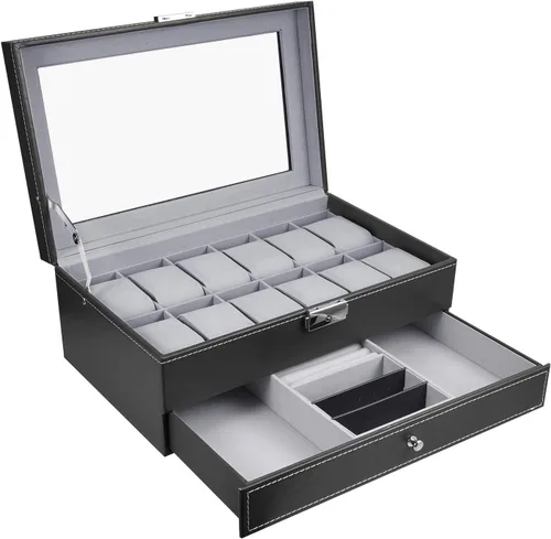Hossejoy Caja de reloj de cuero con 12 organizadores de relojes para hombre con cajón de exhibición de joyas organizador de caja de reloj con