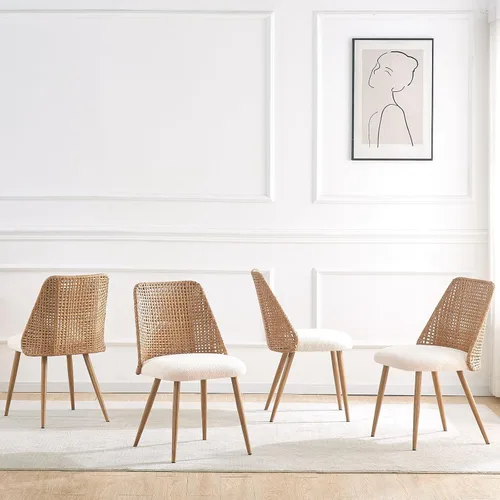 Miniatura 8 de Juego de 4 sillas de comedor de ratán, sillas de comedor de mimbre, sillas de comedor con respaldo de ratán de polietileno tejido y asiento de tela