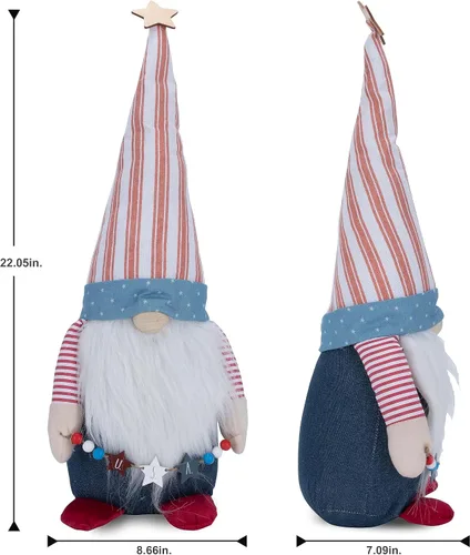 Miniatura 2 de Rae Dunn Americana - Gnomos del 4 de julio, gnomo rojo y blanco con guirnalda de estrellas de madera y sombrero a rayas, decoración americana