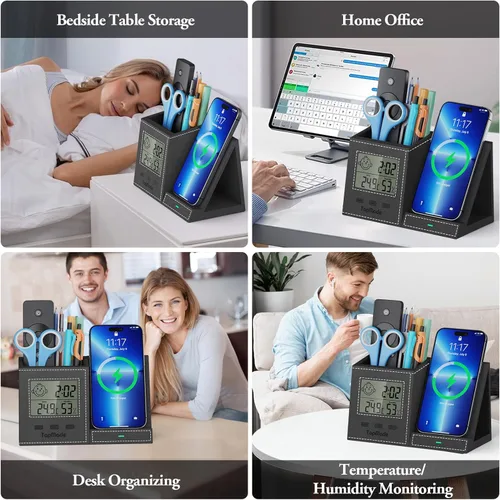 Miniatura 5 de TopMade Cargador inalámbrico con soporte para bolígrafo, organizador de mesita de noche de cuero, suministros de oficina en casa, soporte para Negro
