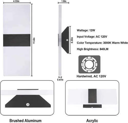 Miniatura 18 de TRLIFE Apliques de Pared LED Regulables, Aplique de Pared Moderno de 4 Temperaturas de Color 12W Luces de Pared Regulables Juego de 2 Luz Montada