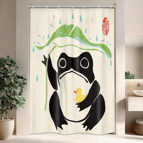 Miniatura 10 de Juego Divertido de Cortina de Rana Retro para Ducha, Juego de Baño 48x71 Pulgadas, Estilo Asiático Lindo, Arte Japonés Tradicional de Pato de Goma