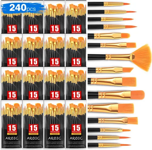 Miniatura 22 de AROIC Pinceles de pintura acrílica, 6 paquetes/60 piezas, juego de pinceles de nailon para pintura al óleo para acuarela, kits profesionales de Rosa